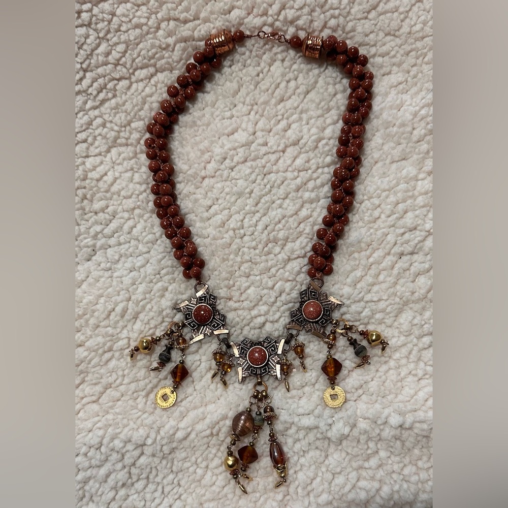 Vintage Estate Elegant Brown Earth Tone Glass Bead Bohemian Statement Necklace